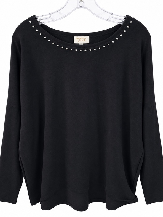 Tia Tops - Vintage Women’s Black Embellished Neckline & Back Keyhole Long-Sleeve Top Size M